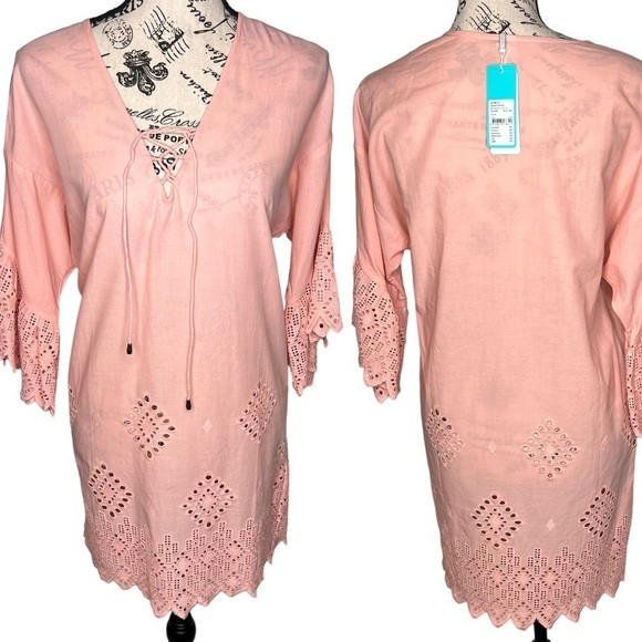 NEW Seafolly Dawn To Dusk Broderie Cover Up Dress Soft Pink XS NWT Eyelet Lace - Picture 2 of 14